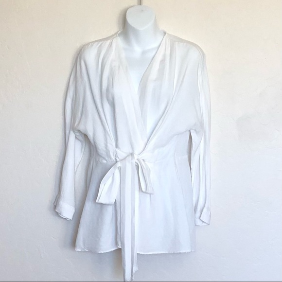 Zara White Linen Blend Tie Wrap Blouse Sz S - Picture 4 of 8